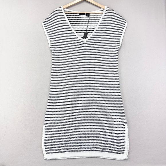 NWT Tahari Black & White Striped Cotton V-Neck Sweater Dress w/ Slits Size M - Picture 1 of 11
